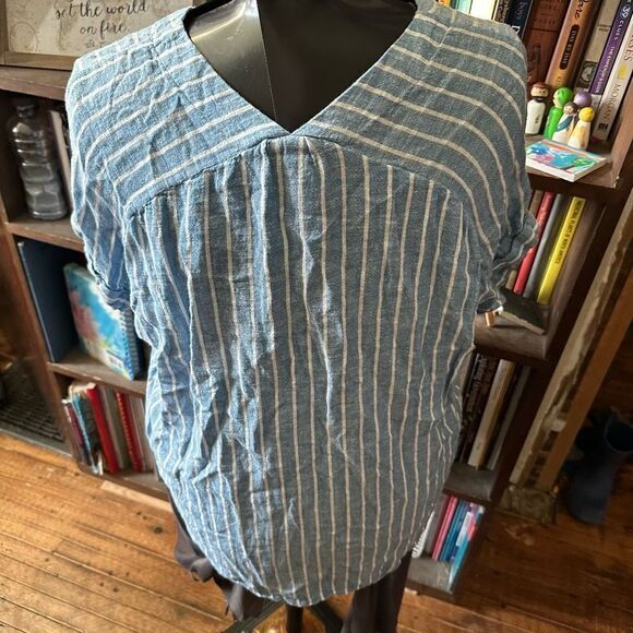 Rails blue & white striped linen blend lace up slouchy blouse - Picture 3 of 4